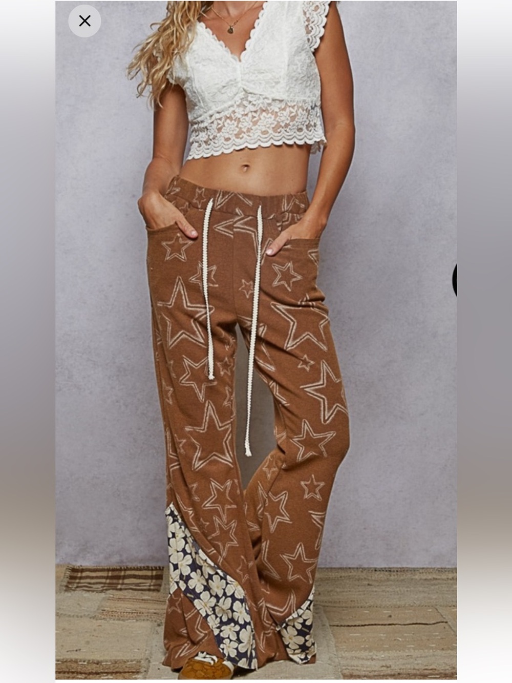 POL Brown Star-Print Wide Leg Pants with Floral Hem